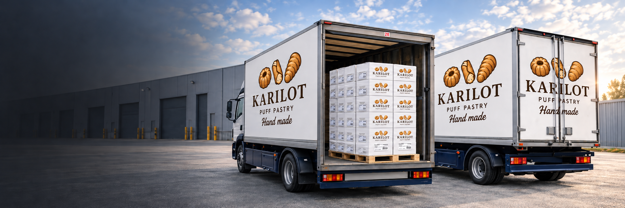 KARILOT logistics trucks and product cartons prepared for international delivery