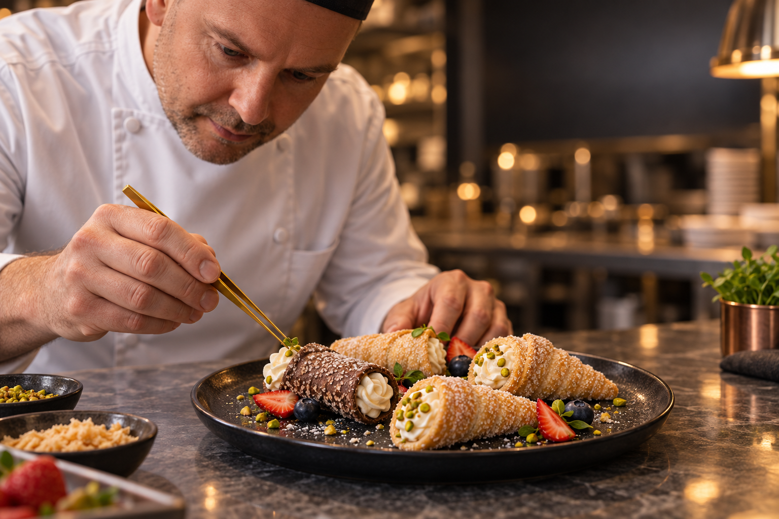 Professional chef preparing desserts with KARILOT pastry products