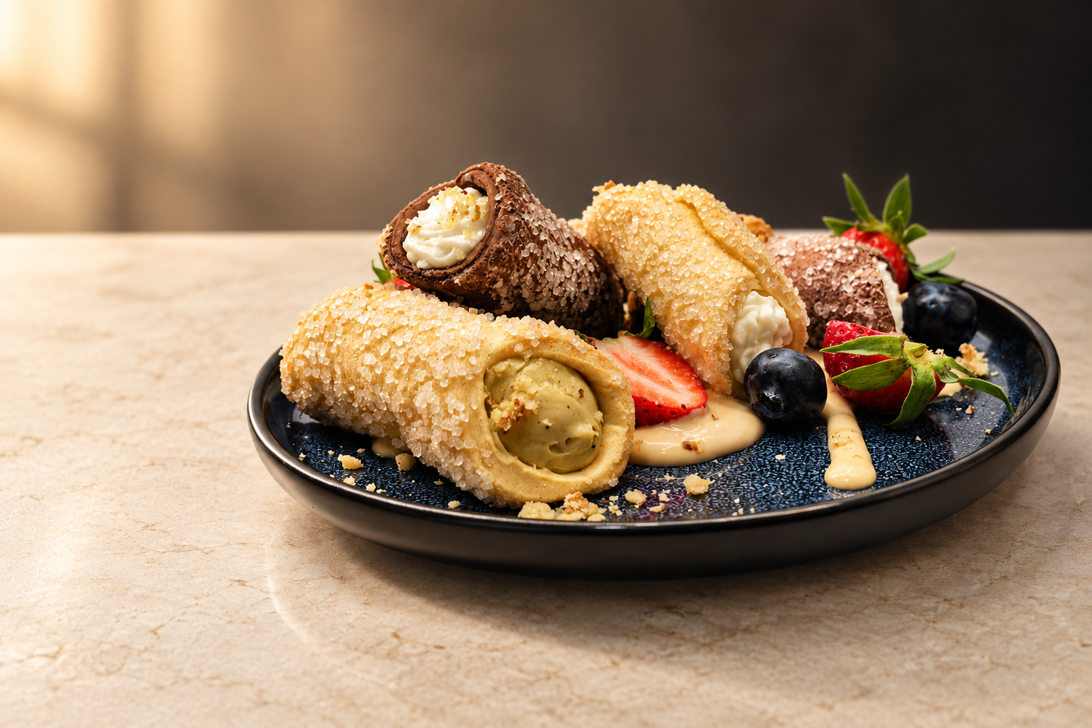 Canoletti pastries filled and decorated for professional serving